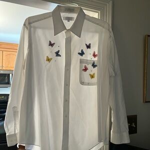 Elegant White Blouse with Colorful Butterfly Design